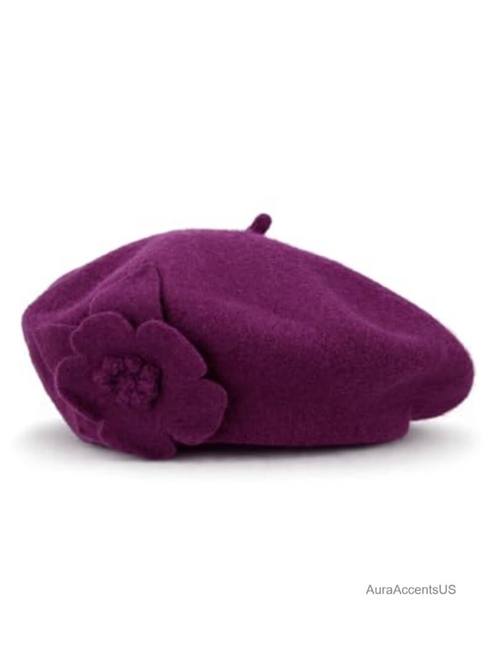 Womens Wool French Beret Hat with Flower - Cute Fall Winter Beanie Cap